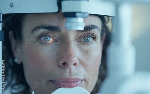 Woman undergoing eye examination with slit lamp biomicroscope Intense light highlights details eye, surrounding facial features emphasizing importance of regular check-ups especially in older age photo