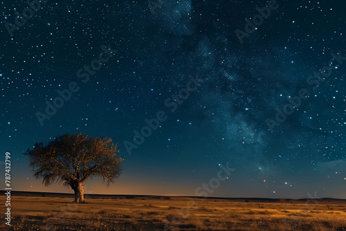 A solitary tree stands under a glittering starlit sky in the desert, AI generated.