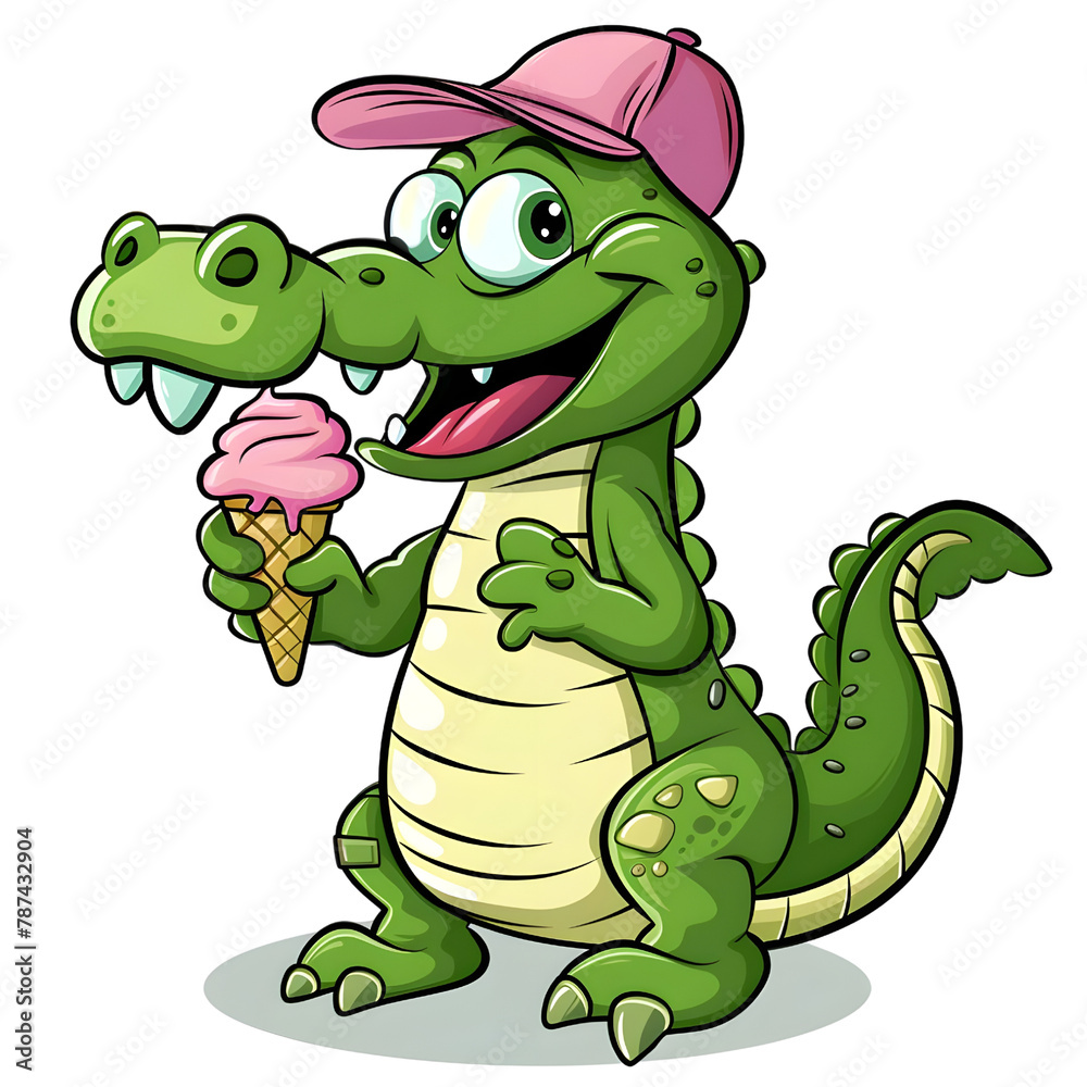 Fototapeta premium A green nCrocodile is eating ice cream