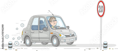 Puzzled driver in a car and a unreasonable road sign for speed limit on a highway, vector cartoon illustration on white