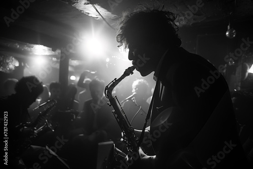 The silhouette of a saxophonist stands out in a smoky underground club atmosphere, capturing the essence of a live jazz performance. AI Generated.