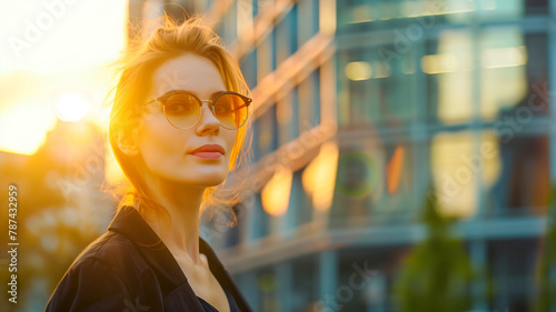 Portrait of attractive woman with short haircut wearing sunglasses and casual attire. Low angle shot of female businesswoman outdoors in urban city view at sunset photo