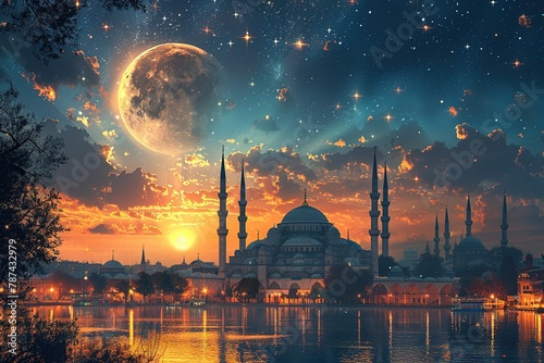 mosque religion islam muslim night ramadan moon minaret holy blue arabic sky photo