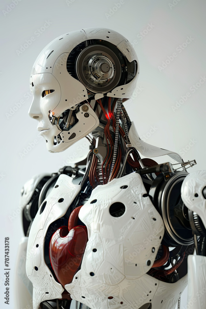 A robot expresses affection, revealing a heart within its mechanical chest A robot expresses affection, revealing a heart within its mechanical chest