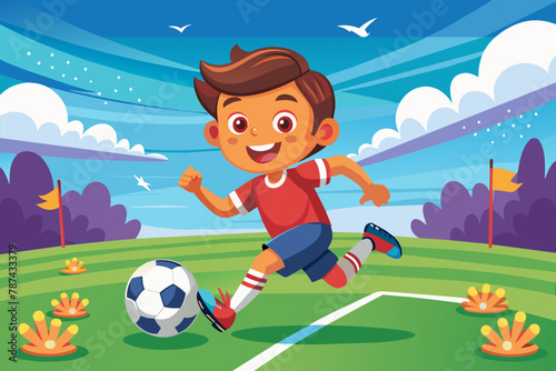 Capturing the excitement of a kids' soccer game with a dynamic cartoon vector illustration. Boys kick off on the school sport field, adding energy and fun to the scene