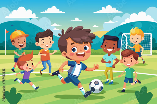Capturing the excitement of a kids' soccer game with a dynamic cartoon vector illustration. Boys kick off on the school sport field, adding energy and fun to the scene