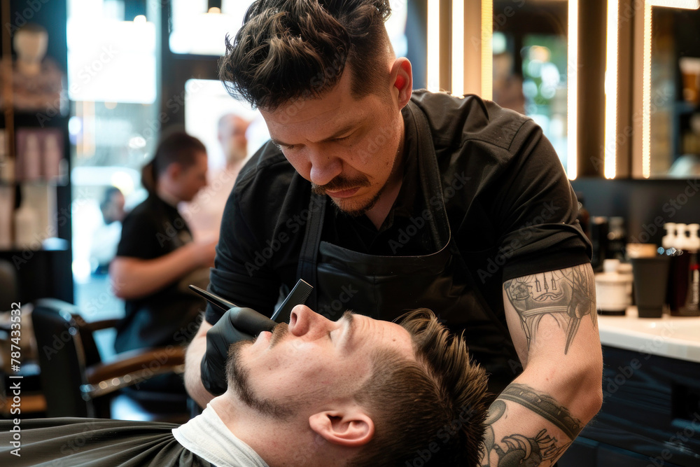 In a well-lit barber shop, a professional barber is meticulously cutting a client's hair with expertise In a well-lit barber shop, a professional barber is meticulously cutting a client's hair with expertise