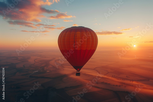 A serene hot air balloon ride during twilight over the unique formations of Cappadocia's landscape. AI Generated © Denis Mamin