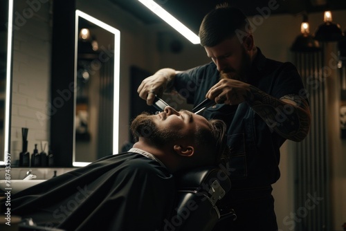 An upmarket barber shop scene showing a barber with tattoos giving a haircut and beard trim to a male client