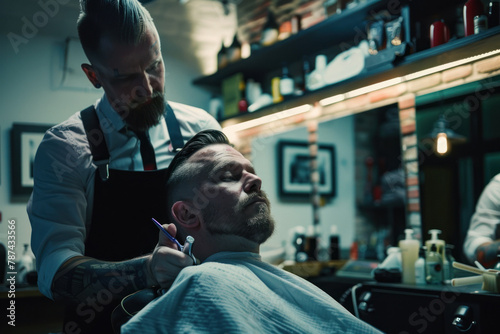 An atmospheric shot captures the ambience of a barber shop with a hip barber working on a customer