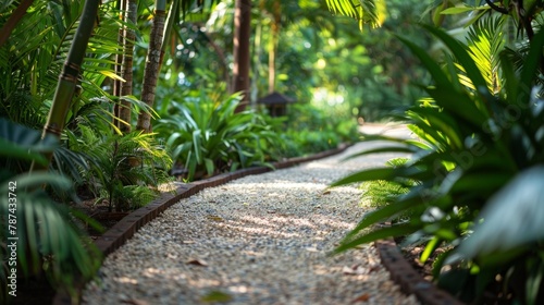 Winding paths lead through lush greenery inviting guests to explore the nearby hiking trails and immerse themselves in the serene sustainable environment. 2d flat cartoon. © Justlight