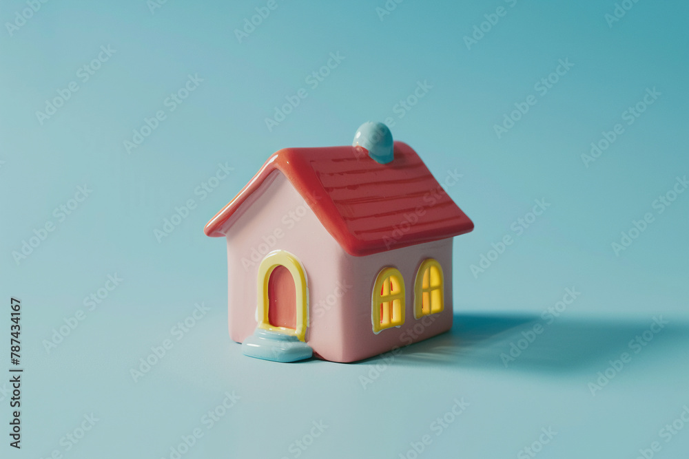 Small toy house on a blue background. Minimalism concept,Generative AI Small toy house on a blue background. Minimalism concept,Generative AI
