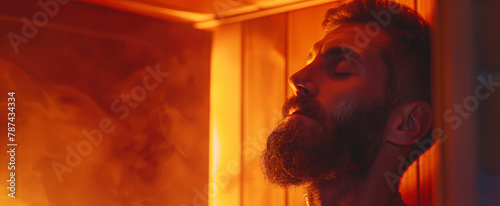 Bearded man relaxing on wooden bench in infrared sauna. Invigorating Sauna Experience, banner format