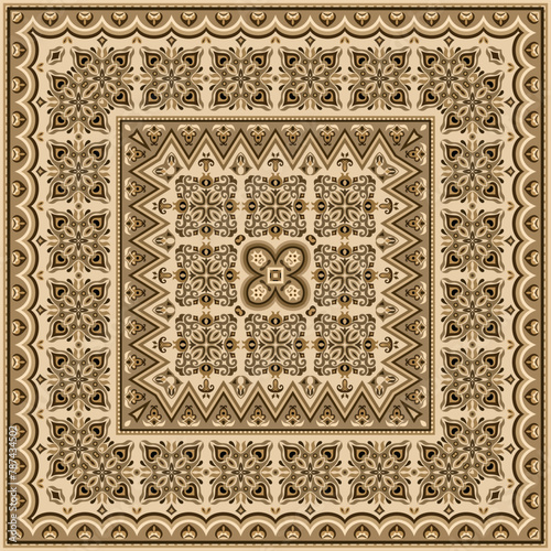 Vector abstract decorative ethnic ornamental illustration. Monochrome square carpet