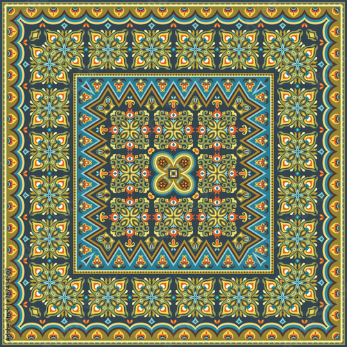 Vector abstract decorative ethnic ornamental illustration. Colorful square carpet