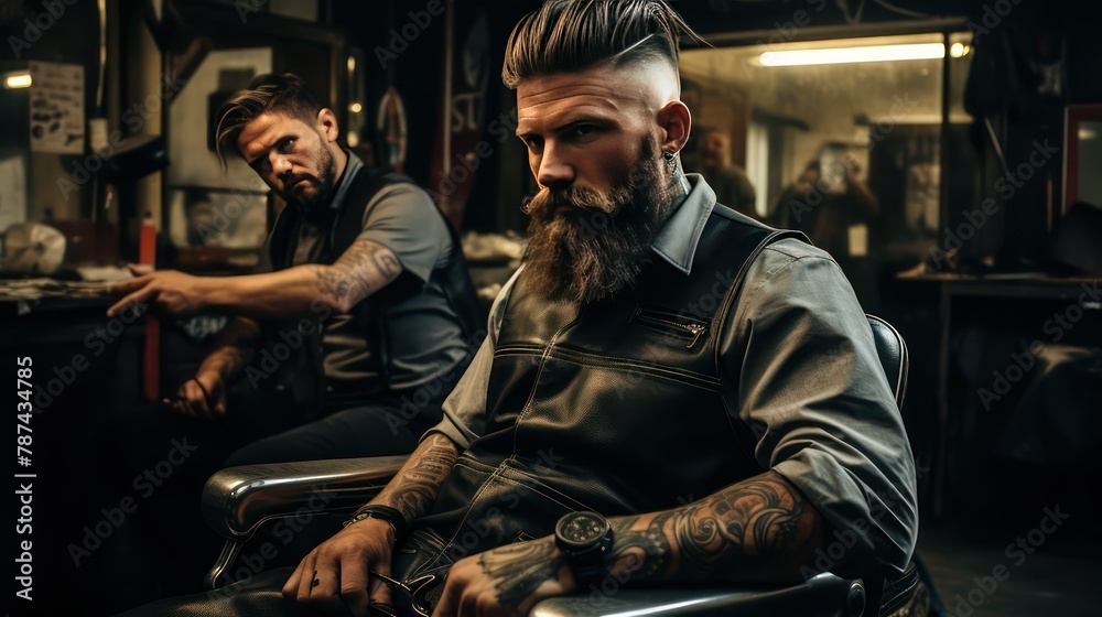 Handsome bearded man sitting in a barber shop and looking at camera Handsome bearded man sitting in a barber shop and looking at camera