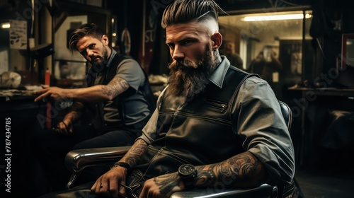 Handsome bearded man sitting in a barber shop and looking at camera