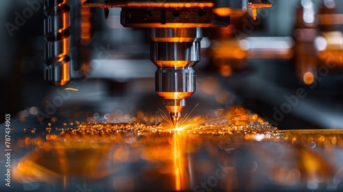 Advanced manufacturing drill press carves metal with orange hot illumination