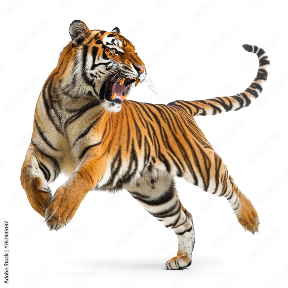 Fierce tiger in stride with a menacing roar