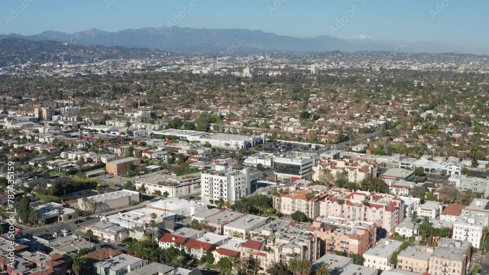 Aerial view of Los Angeles and Hollywood residential homes and mountains Aerial view of Los Angeles and Hollywood residential homes and mountains
