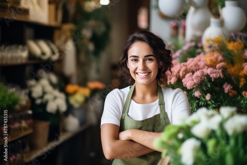 Portrait of happy young woman standing in her flower shop. Cheerful mixed race saleswoman is waiting for customers of the flower shop. Standing at the entrance is successful small business owner.