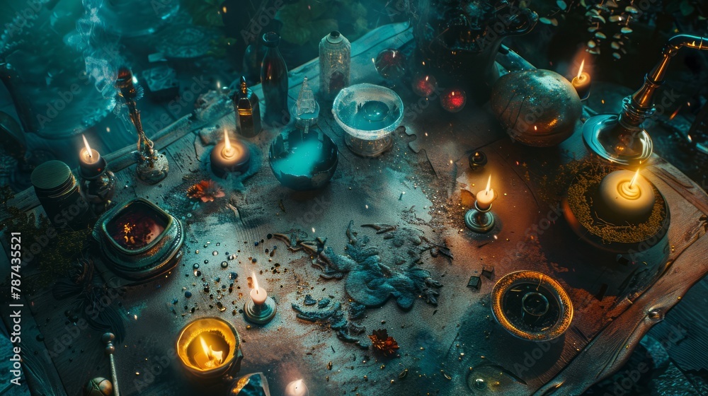 witch table with magical attributes top view.