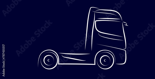 Silhouette of a European truck with simple white lines in a dynamic style on a dark blue background. Vector illustration