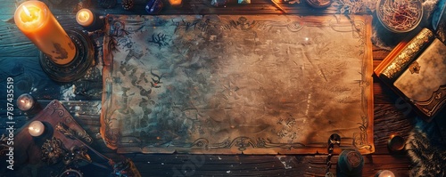 witch table with magical attributes top view.