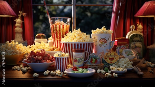 "Charming Movie Night Scene Complete with Popcorn and Refreshments, Ready for a Night of Entertainment, Photographed in Crisp HD Detail."