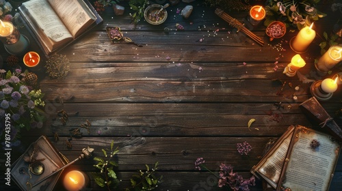 witch table with magical attributes top view.