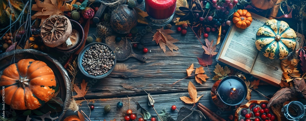 Fototapeta premium witch table with magical attributes top view.