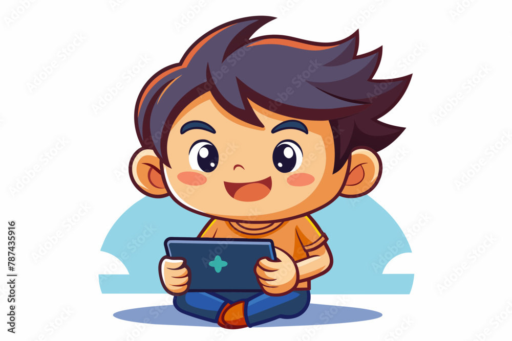 Cute Boy playing video games on mobile phone Vector illustration in cartoon style white background Cute Boy playing video games on mobile phone Vector illustration in cartoon style white background