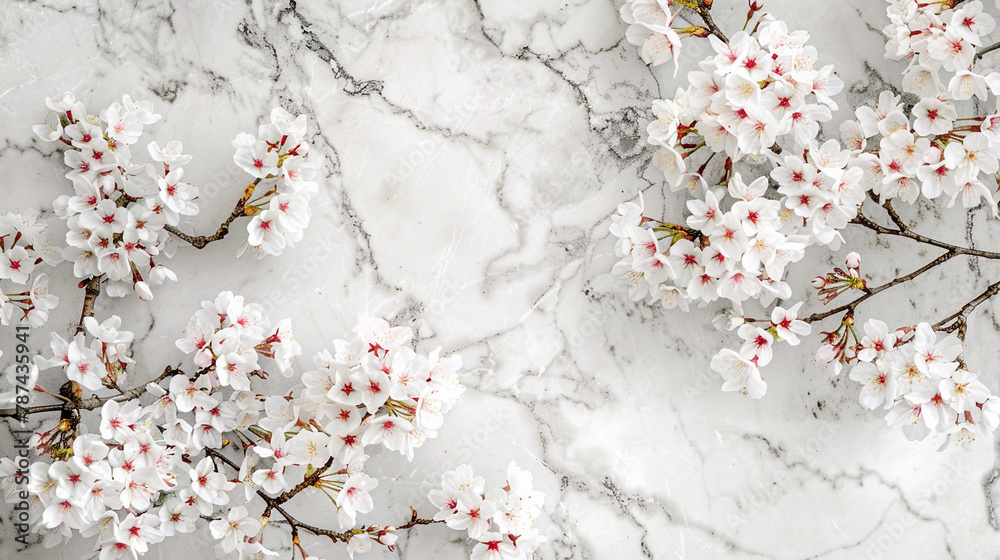 Single  Panel Wall Art, White Marble with Cherry Blossom Designs