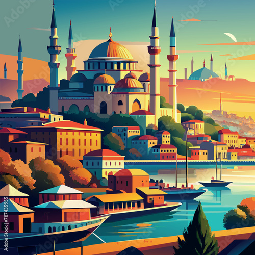 Istanbul A painting of a city with a large blue dome on top of a building