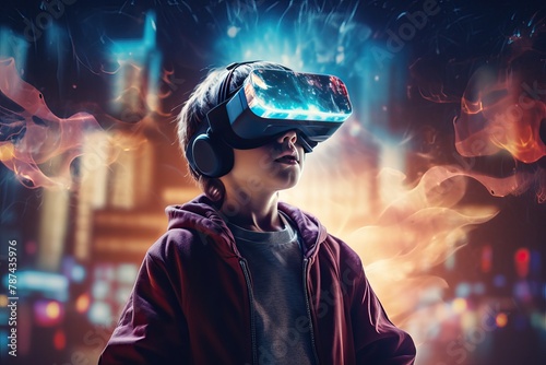 Boy wearing virtual reality glasses. A world of bright colors and events. Total digitalization of society and people's dependence on gadgets. Escape from the real world. © Stavros