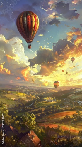 Top view of green landscape and mountain valleys and town and colorful balloons flying in the sky, illustration