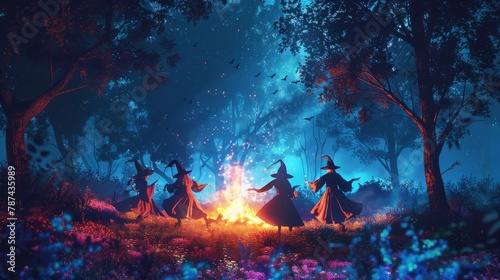 witches dance around a fire in the night forest. photo