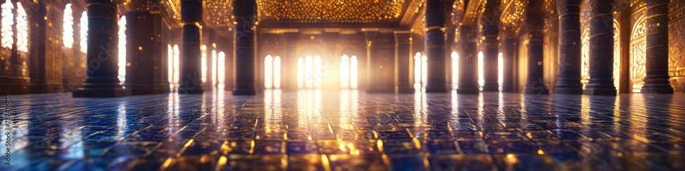 Abstract colorful illustration of ancient oriental palace interior, blurred bokeh background for social media banner, website and for your design, space for text.	