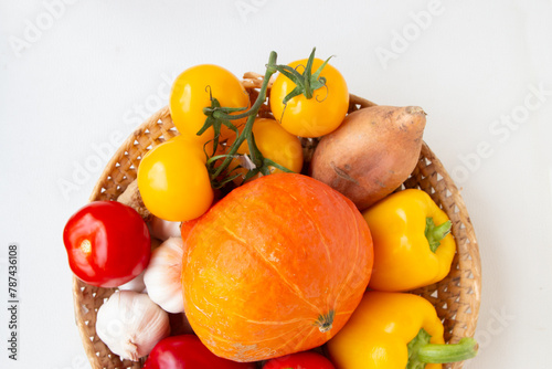 Basket, Bowl of colourful fruit and vegetables isolated background