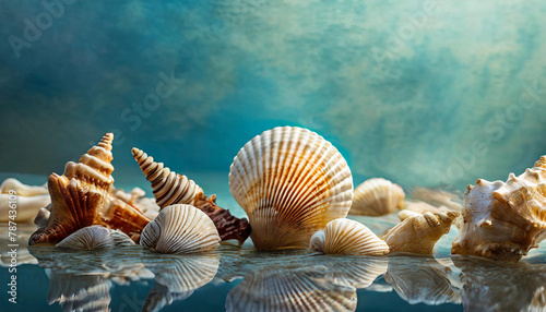 Close-up of beautiful sea shells. Blurred blue background. Summer vacation and travel photo