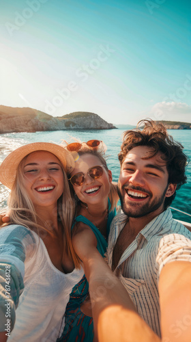 Happy smiling young people taking selfie against sea background, beach holiday with friends