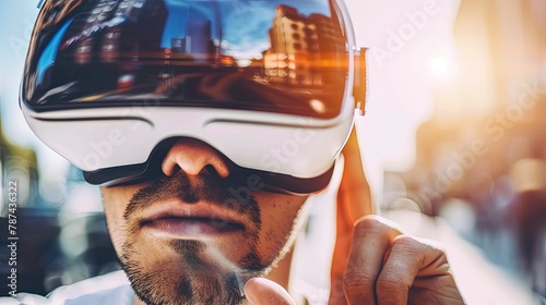 Young man in VR glasses on the streets of a modern city. VR protagonist roams cityscape, merging two realities, creating a dazzling symphony of pixels.