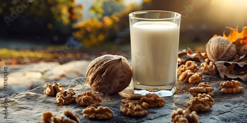 Organic Walnut Nuts and Glass of Walnut Milk
