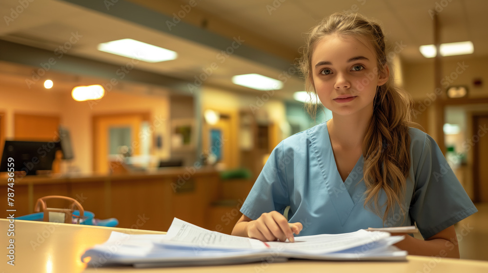 Young Female Medical Professional Studying Documents in Hospital Young Female Medical Professional Studying Documents in Hospital