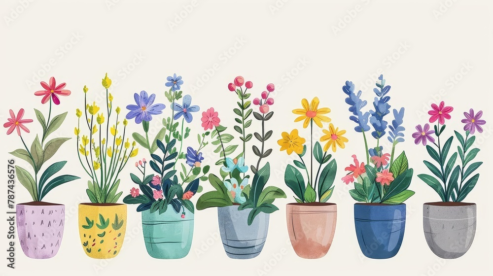 vibrant collection of fresh potted flowers colorful botanical illustration with spring vibes