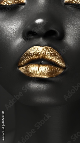 Black and white closeup shot of an African American female face with metallic gold lips, showcasing the intricate details of her eye, eyelash, iris, and jaw, shooting a portrait for a fashion magazine © Henryzoom