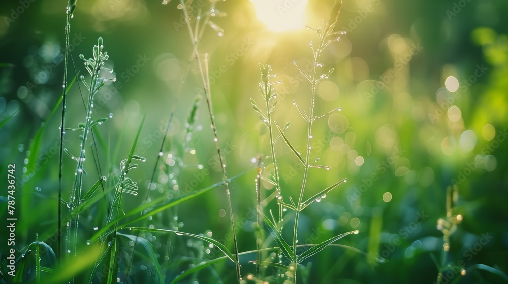 Sun shining through dewy grass in natural landscape - obrazy, fototapety, plakaty 