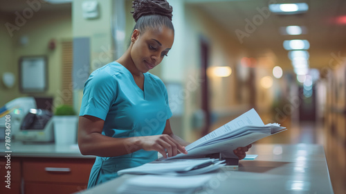Dedicated Healthcare Professional Reviewing Patient Records in Hospital Corridor
