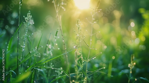 Sun shining through dewy grass in natural landscape photo
