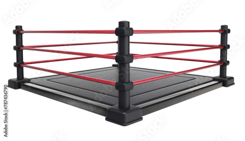 A boxing ring with red and black ropes isolated from the white or transparent background